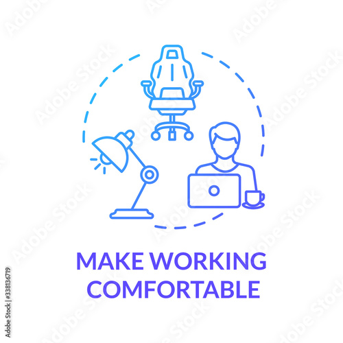 Make working comfortable blue concept icon. Workplace at home. Freelancer workspace. Desk for laptop. Quarantine idea thin line illustration. Vector isolated outline RGB color drawing
