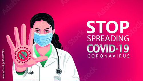 lady doctor using mask with open hand doing stop covid-19 or coronavirus sign with serious and confident expression, vector illustration