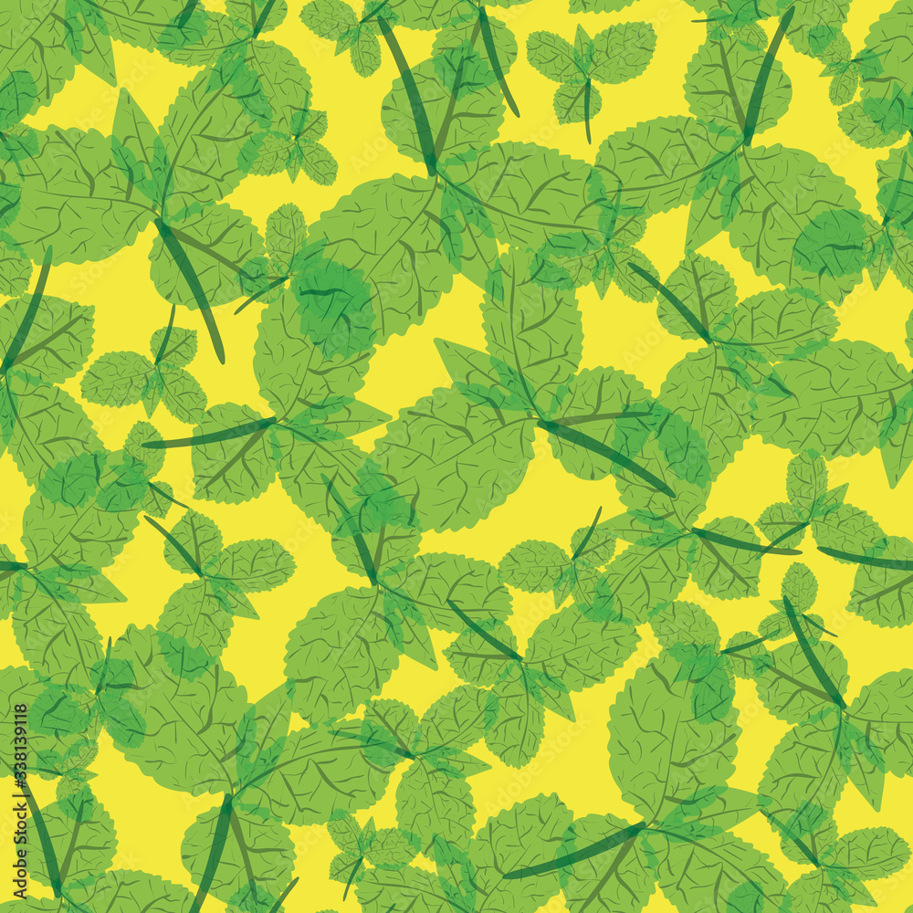 Green mint leaves on a yellow background seamless vector pattern. Herbs themed surface print design. For fabrics, stationery, scrapbook paper, and packaging.