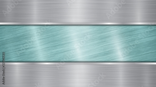 Background consisting of a light blue shiny metallic surface and two horizontal polished silver plates located above and below, with a metal texture, glares and burnished edges