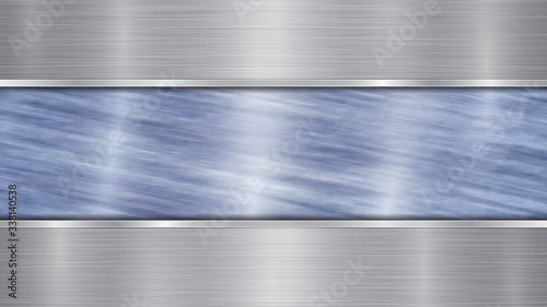 Background consisting of a blue shiny metallic surface and two horizontal polished silver plates located above and below, with a metal texture, glares and burnished edges