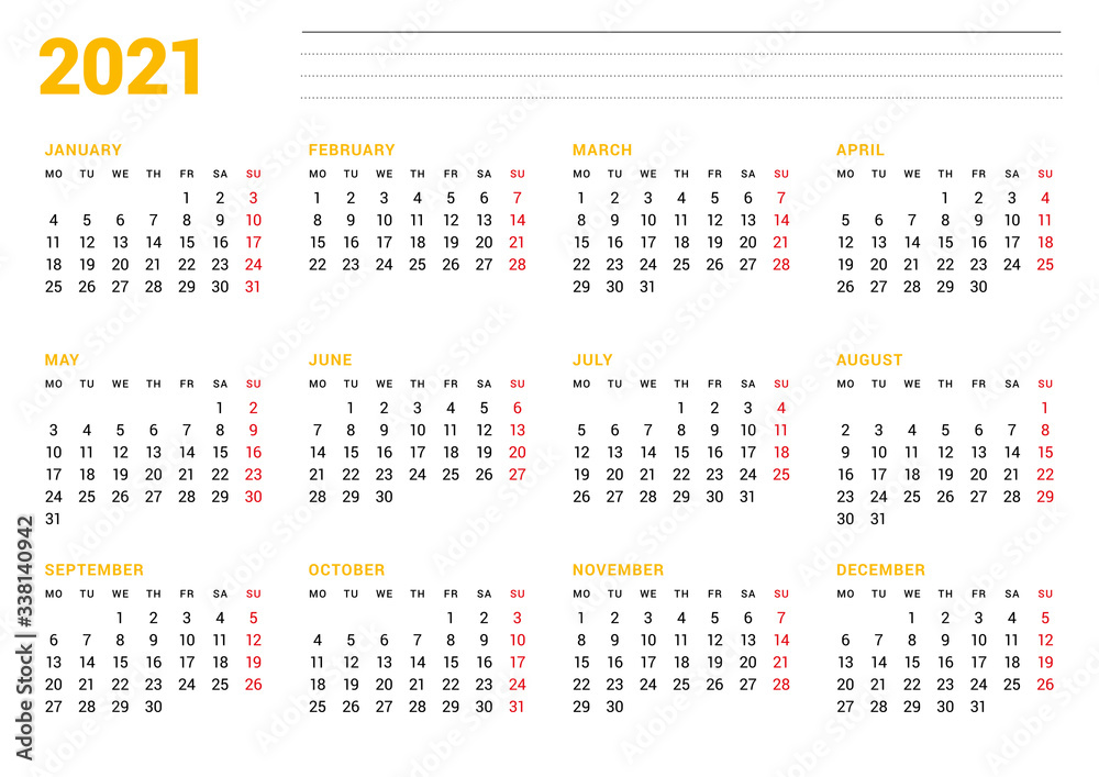 Calendar template for 2021 year. Business monthly planner. Stationery design. Week starts on Monday. Vector illustration Calendar template for 2021 year. Business monthly planner. Stationery design. Week starts on Monday. Vector illustration