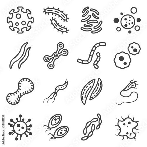 A set of viruses and bacteria icons of different shapes and purposes - worms, shapeless amoeba with and without antennae. Isolated vector on a white background.