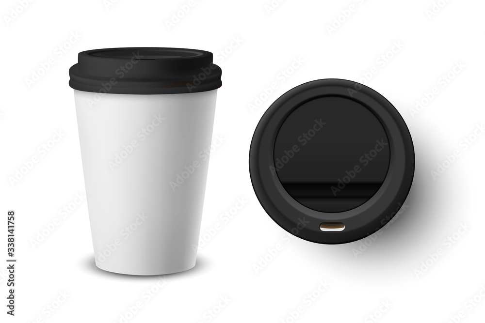 Vector 3d Realistic White Disposable Closed Paper, Plastic Coffee Cup for Drinks with Black Lid Set Closeup Isolated on White Background. Design Template, Mockup. Top and Front View Vector 3d Realistic White Disposable Closed Paper, Plastic Coffee Cup for Drinks with Black Lid Set Closeup Isolated on White Background. Design Template, Mockup. Top and Front View