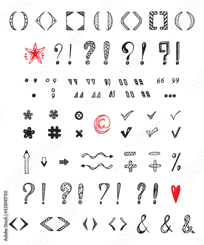 Punctuation marks Vector Set. Hand Drawn doodle Question mark, Exclamation mark, Parenthesis, Quotation marks, Checkmarks, Ampersand, Arrow
