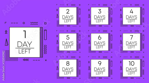 Collection numbers days left countdown template on purple background. Geometry design. Vector
