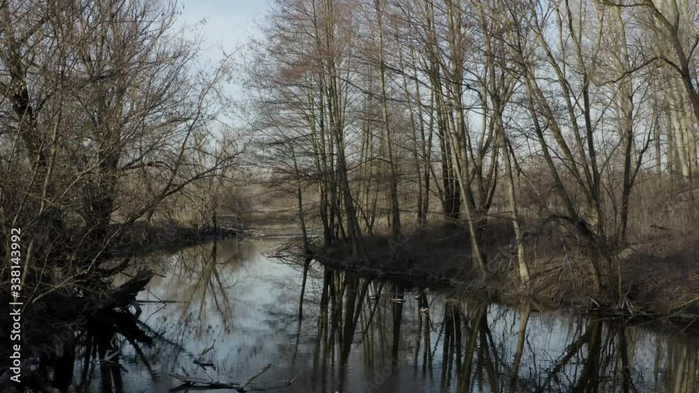 Drone flight over the river with a view of spring trees without leaves. Drone flight over the river with a view of spring trees without leaves.