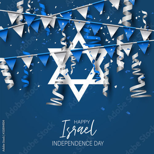 Israel Independence Day. National holiday design template. Israeli symbolics banner or flyer with blue and white flag colors and bunting garland. Vector illustration.