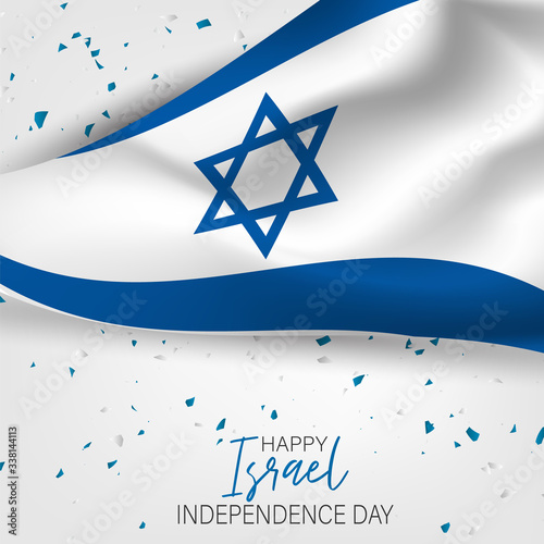 Israel Independence Day. National holiday design template. Israeli symbolics banner or flyer with blue waving flag. Vector illustration.