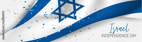 Israel Independence Day banner or site header. National holiday design template. Israeli symbolics background with blue and white waving flag. Vector illustration.
