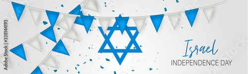 Israel Independence Day banner or site header. National holiday design template. Israeli symbolics background with blue and white flag colors bunting garland and the pentacle. Vector illustration.