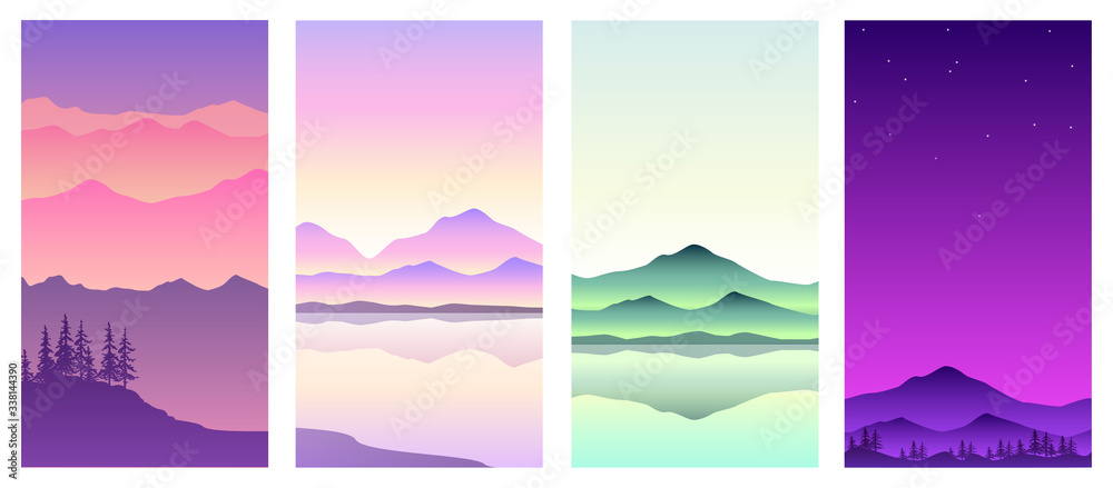 Set of vector illustrations of mountains at different times of the day, flat design.