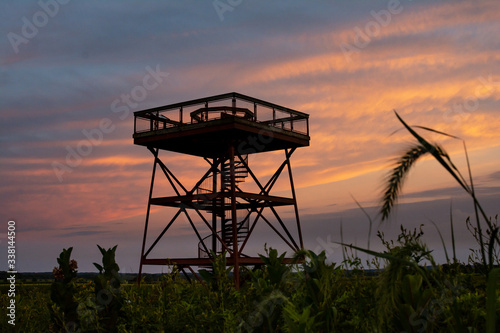 Observation deck at sunrise overlooking the Dixon waterfowl refuge.