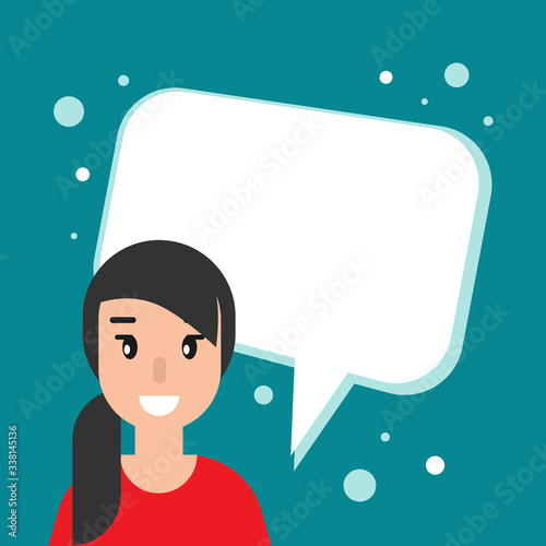 happy girl with speech bubble on blue background. Talk, chat message, communicate, messenger concept