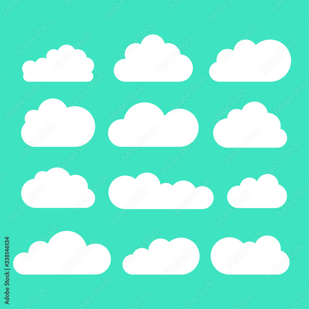 Set of clouds in blue sky. Cloud icon shape. Collection of different clouds, label, symbol. Graphic vector design element for logo, web and print.