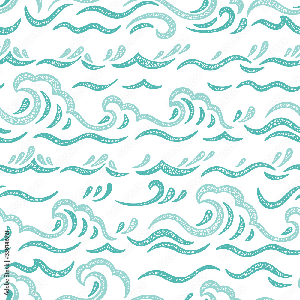 Sea Waves Vector Seamless pattern. Hand drawn Doodle Wave. Cartoon Sea or Ocean Blue Background
Sea Waves Vector Seamless pattern. Hand drawn Doodle Wave. Cartoon Sea or Ocean Blue Background
