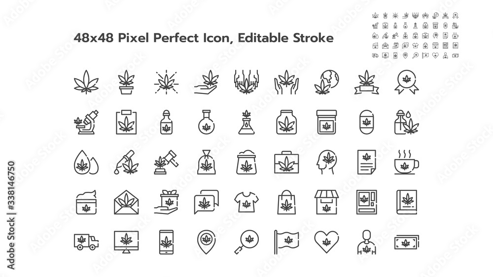 Simple Set of Marijuana or Cannabis Line Outline Icons. Such Icons as Medical, Leaf, Oil, Extract, Sell, Shop, Free, Medicine etc. 48x48 Pixel Perfect. Editable Stroke.