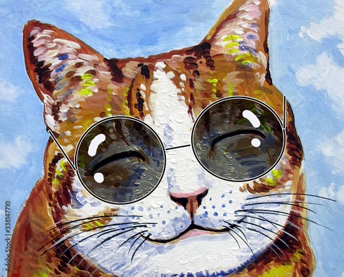 Fototapeta Naklejka Na Ścianę i Meble -  Art painting oil color  funny  Smiling cute cat , cat  wearing glasses , meaow
