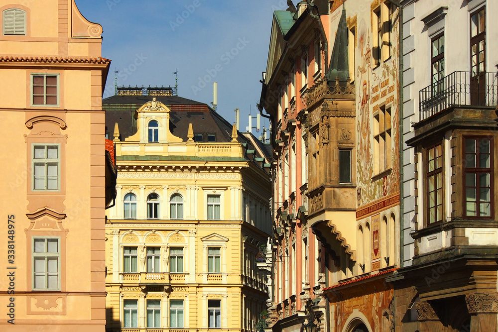 Traditional bohemian building in the streets of Prague or Praha, Czech Republic, sunlight