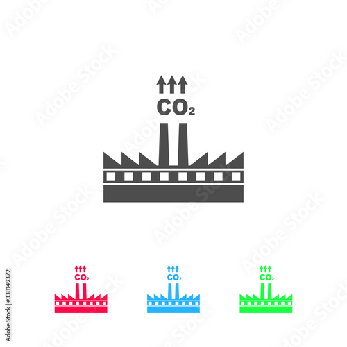 Factory with chimney polluting CO2 cloud smoke icon flat