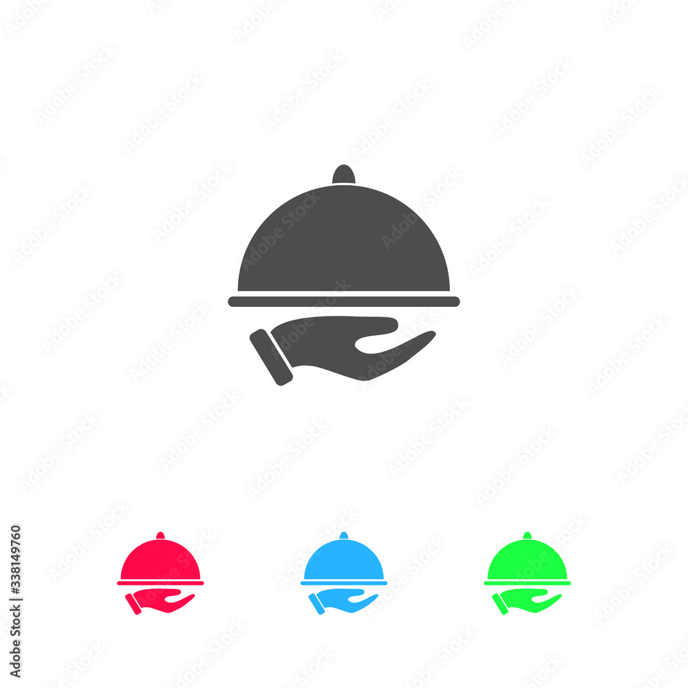 Fototapeta premium Restaurant cloche in hand the waiter icon flat