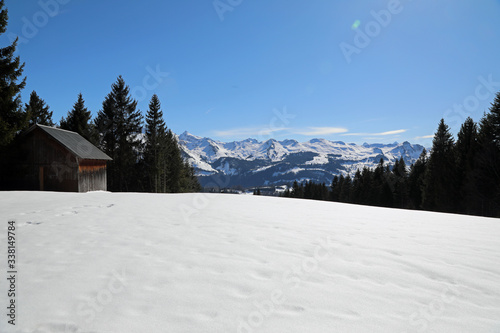View on Swiss Alps over meadow covered by snow © Bohdan