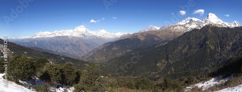 Wide Panoramic Landscape of Nepal Himalaya Mountains from Deurali Pass on Annapurna Circuit Hiking Trail. Mt. Dhaulagiri (8167m, World 7th Highest) left, Annapurna South (7219m) right