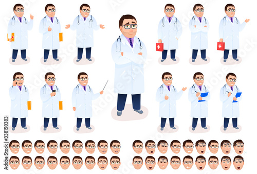 Flat male doctor character design set on white background. Young Caucasian physician in white coat. Medical staff with stethoscope first aid kit emotion facial expressions. Cartoon vector illustration