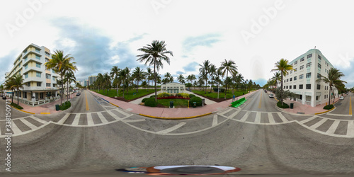 360 equirectangular photo Miami Beach Ocean Drive completly shut down Coronavirus Covid 19 photo