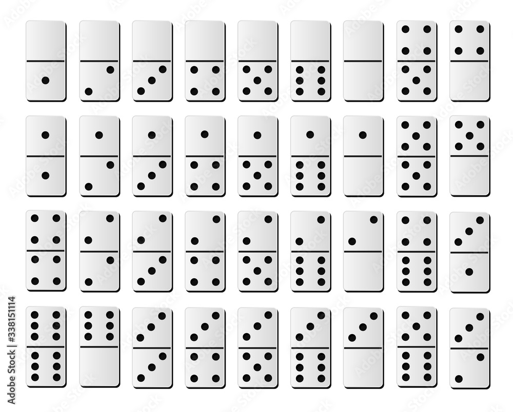 Dominoes or domino tiles white vector isolated realistic mockups with black spots number for game on white background Dominoes or domino tiles white vector isolated realistic mockups with black spots number for game on white background