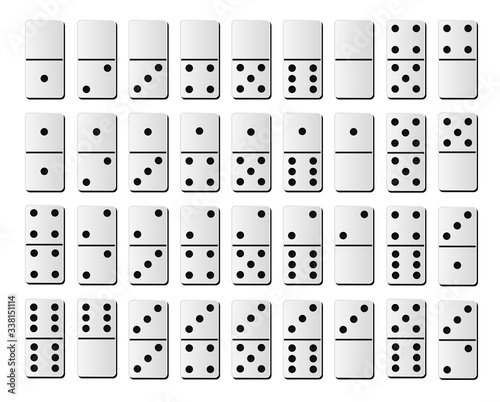 Dominoes or domino tiles white vector isolated realistic mockups with black spots number for game on white background