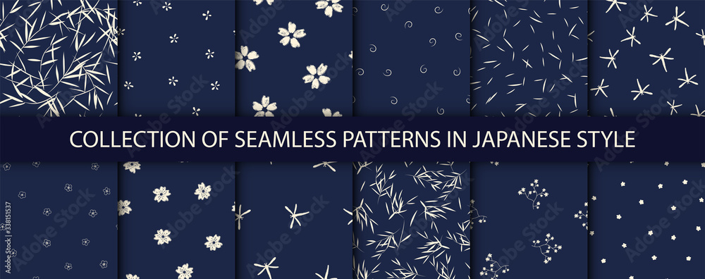 Set of 12 patterns in japanese style. Vector collection of asian backgrounds.