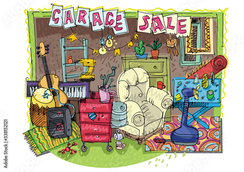 Hand drawn picture of a facade of domestic garage full of stuff for local sale. Hobby. Caricature. Sketch.