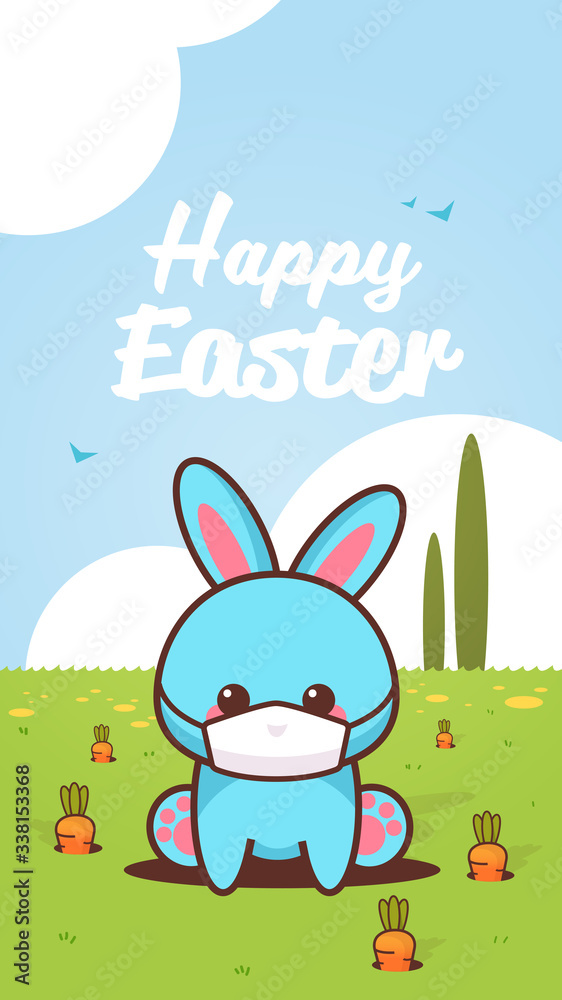 cute rabbit wearing face mask to prevent coronavirus happy easter bunny sitting in green grass sticker spring holiday concept vertical greeting card vector illustration cute rabbit wearing face mask to prevent coronavirus happy easter bunny sitting in green grass sticker spring holiday concept vertical greeting card vector illustration