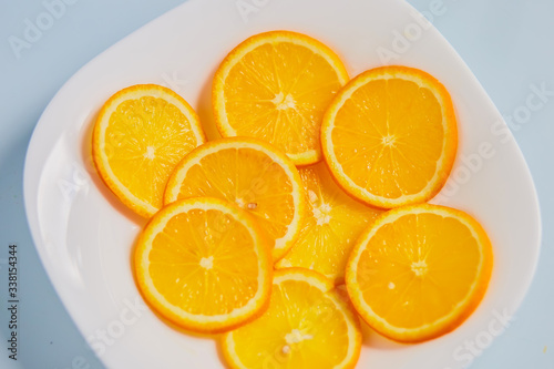 oranges on a white plate on a blue background