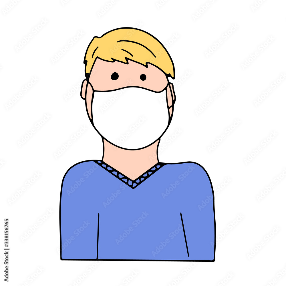 Ill man with medical mask in blue shirt isolated on white background. Vector illustration in cartoon doodle style. Patient with coronavirus infection, measles, flu, leukemia. Prevention epidemic.