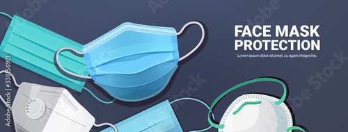 set antiviral medical face masks protection against coronavirus prevention of virus spreading pandemic covid-19 copy space horizontal vector illustration