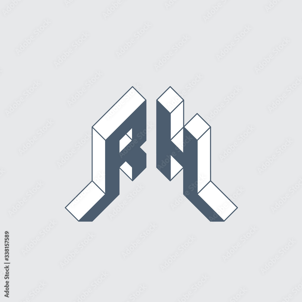 R and H - Monogram or logotype. Isometric 3d font for design. Three-dimension letters. RH - 2-letter code.