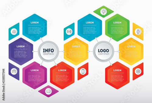Business presentation concept with 9 parts. Brochure design template. Diagram or Info graphic of technology or education process with nine steps. Bright, original infographics for your projects.