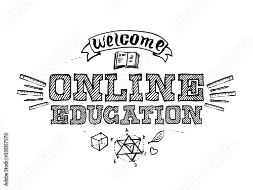 Vector illustration for online distance studying and education. Design element template for E-learning school. Online educations.