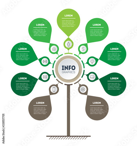 Vertical infographics with 9 parts, research in science and technology. Sustainable development and growth of the eco business. Green Business concept with nine options, steps or points. Vector.