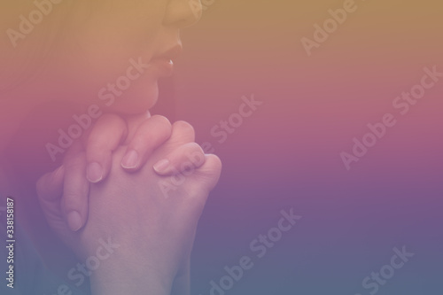 Canvas Print woman praying and worship to GOD Using hands to pray in religious beliefs and worship christian in the church or in general locations in vintage color tone or copy space