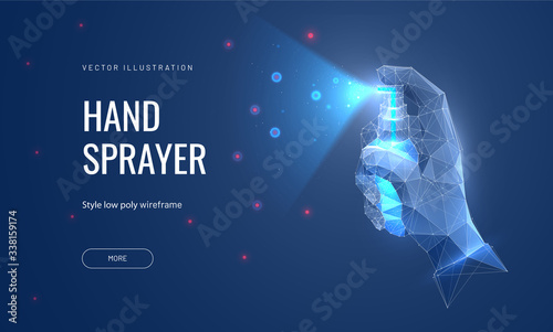 Hand presses sanitizer. Low poly wireframe style. Concept of disinfection, prevention of virus infections. Polygonal abstract isolated on blue background. Vector illustration