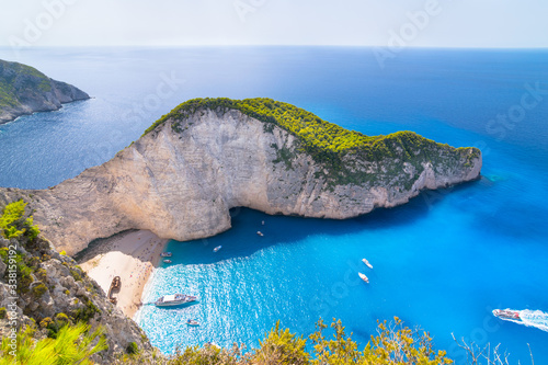 Fototapeta Naklejka Na Ścianę i Meble -  Beautiful summer day on Navagio Beach and Shipwreck bay view point - Zakynthos, Ionian Islands - Greece