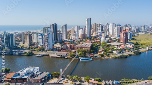 Torres - RS. Aerial view suspension bridge Mampituba river and Torres town, Rio Grande do Sul, Brazil