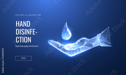 Hand with disinfectant. Low poly wireframe style. Concept of prevention, care and protection your health. Polygonal abstract creativ isolated on blue background. Vector illustration.