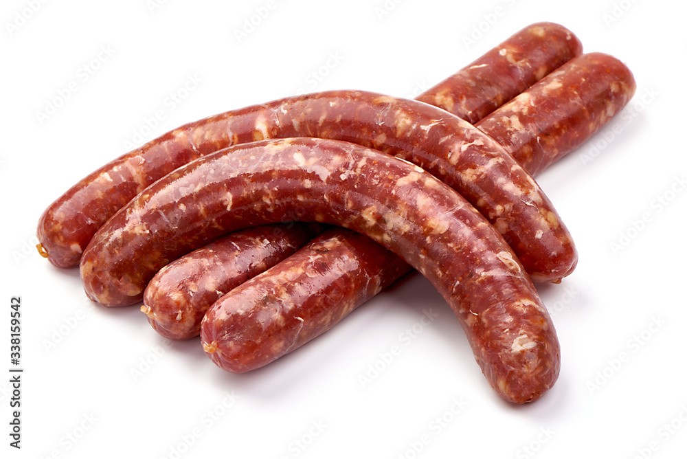 Fresh raw beef sausages, isolated on white background Fresh raw beef sausages, isolated on white background