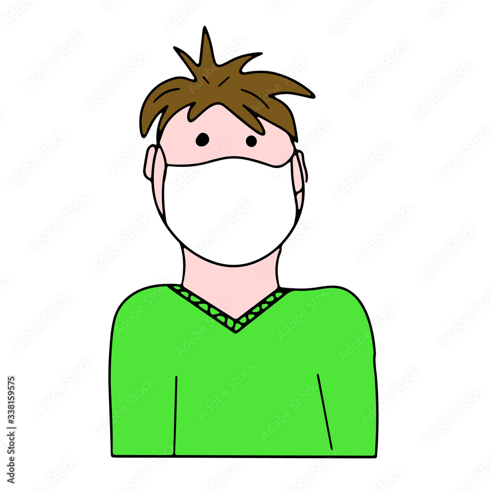 Obraz premium European ill boy in medical mask and green shirt isolated on white background. Coronavirus pandemic outbreak, isolation, quarantine, infectious diseases prevention. Vector illustration in cartoon