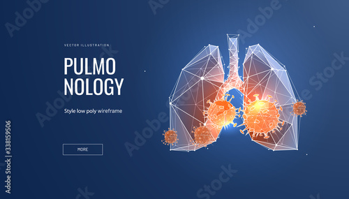 Lungs illness. Low poly wireframe style. Concept of pulmonology and lungs disease. Polygonal abstract creativ isolated on blue background. Vector illustration.