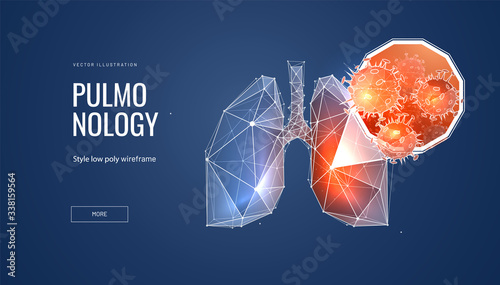 Lungs illness. Low poly wireframe style. Concept of pulmonology and lungs disease. Polygonal abstract creativ isolated on blue background. Vector illustration.